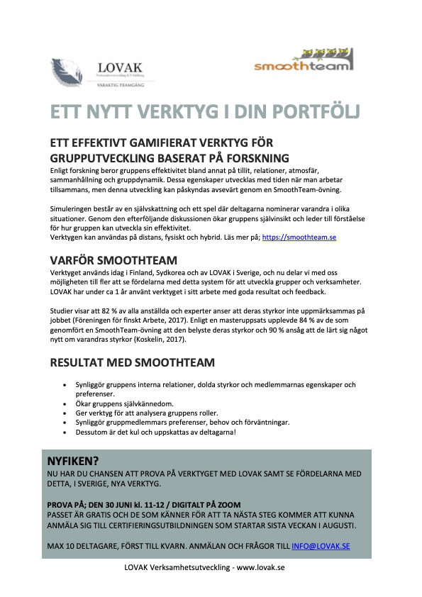 INBJUDAN PROVA PÅ SMOOTH TEAM- inför utbildning